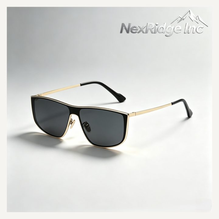 Black shield sunglasses with gold-tone sides