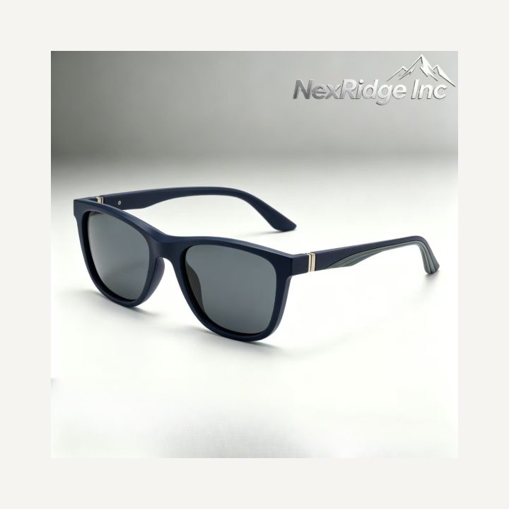 Midnight navy square sunglasses in a studio setting