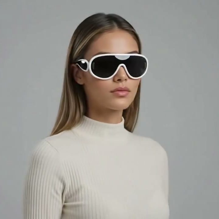 Model wearing white and black visor sunglasses